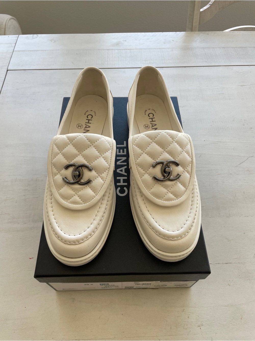 CHANEL Old Tab Loafers White Quilted Lambskin CC Logo Size 39.5 G36646